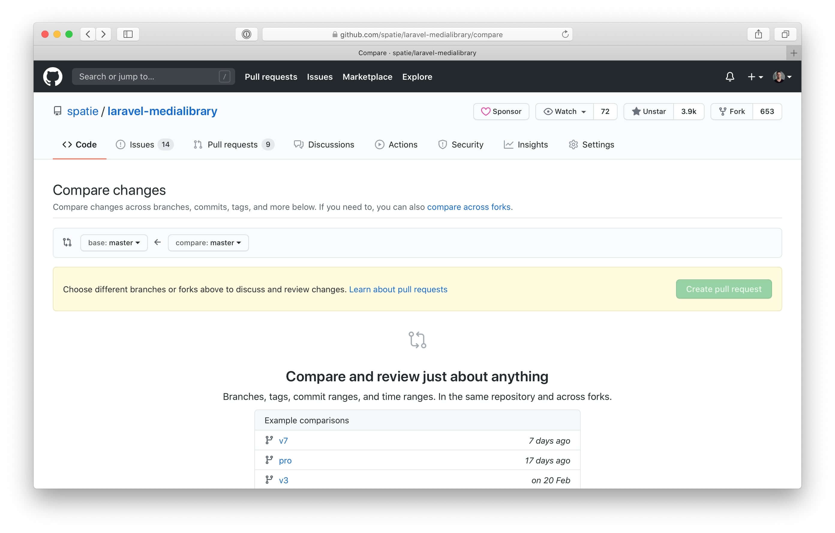 Screenshot of GitHub’s compare screen
