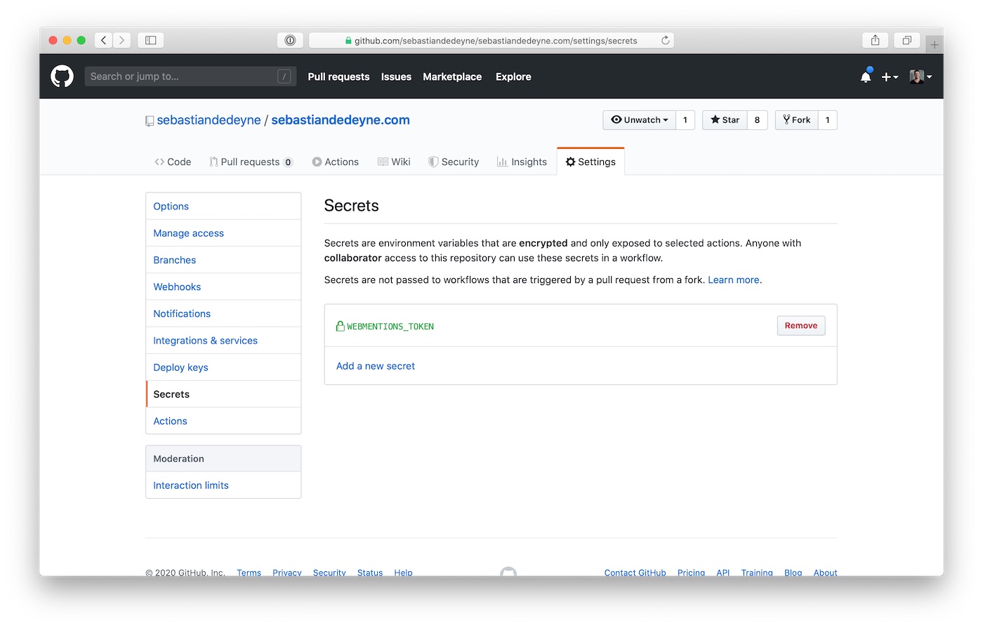 Screenshot of GitHub&rsquo;s Secrets interface